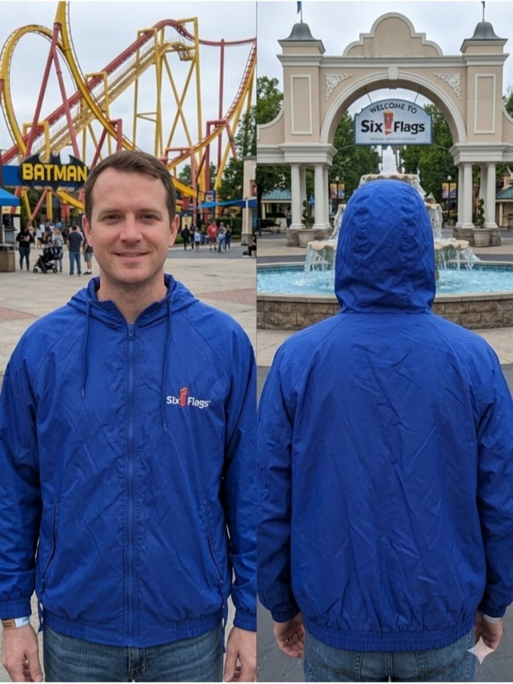 Six Flags Royal Blue Hooded Windbreaker Jacket Small Nylon Gorpcore Y2K Vintage